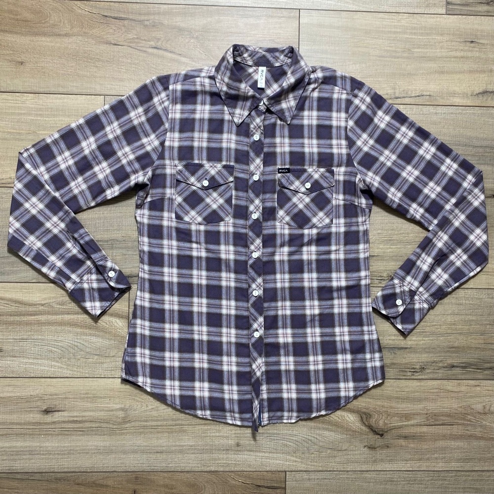RVCA Womens Zip Front Button Press Placket Up‎ Long Sleeve Shirt Size M Plaid